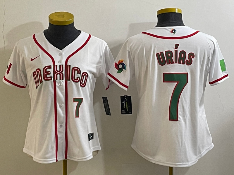 Women's Mexico Baseball #7 Julio Urías 2023 White World Baseball Classic With Patch Stitched Jersey(Run Small)